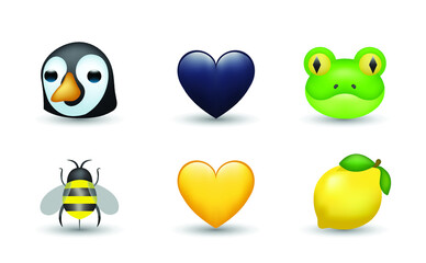 6 Emoticon isolated on White Background. Pigeon, frog, yellow and black heart, bee, lemon vector emoji illustration. 3d Illustration set.