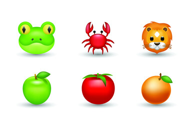 6 Emoticon isolated on White Background. Lion, frog, crab, green apple, tomato, orange fruit vector emoji illustration. 3d Illustration set.