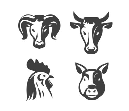 Farm animals emblems set. Cow, pig, chicken, ram symbol for butcher shop design or restaurant menu