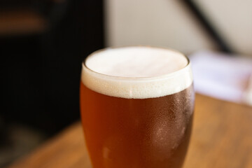 sparkling red craft beer in glass glass