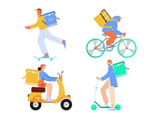 Delivery service concepts, couriers men and women riding scooter, bike, bicycle, skateboard to deliver food. Vector illustration
