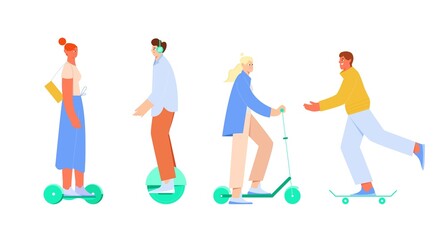 People man and women riding different electric transport scooter, hoverboard, gyro scooter, one wheel, skateboard. Vector illustration in flat style © Jango_art