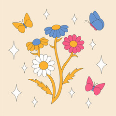 Retro daisies with butterflies and sparkles. Summer flowers. 