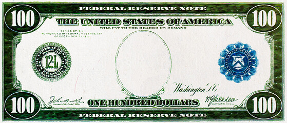 old US 100 dollar banknote (issued in 1914) with empty middle area