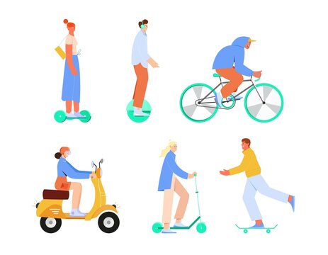 People man and women riding different electric transport, scooter, hoverboard, gyroscooter, bicycle, motorbike. Vector illustration in flat style.