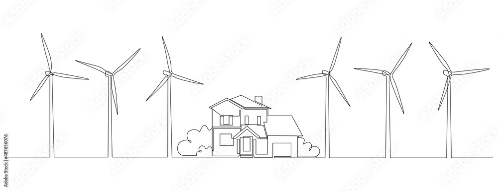 Poster wind farm turbines and windmill with family house in one continuous line drawing. green energy and r