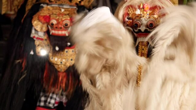 Traditional Balinese Barong dance ceremony at religious festival in Bali, Indonesia.