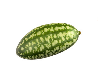 Cucamelon  Melothria Scabra mexikani Minimelone Mausmelon.  isolated on a white very cloce macro. one green spotted and striped cucumber