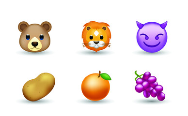 6 Emoticon isolated on White Background. Lion, brown bear, devil, potato, grapes, orange fruit vector emoji illustration. 3d Illustration set.