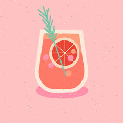 Cocktail with rosemary and grapefruit. Vector flat illustration