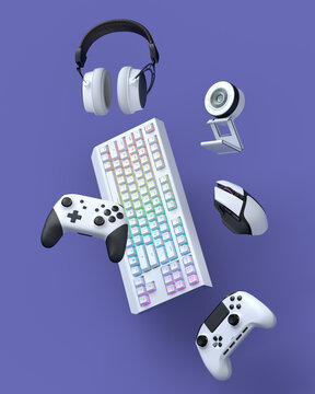 Flying gamer gears like mouse, keyboard, joystick, headset, VR, web camera