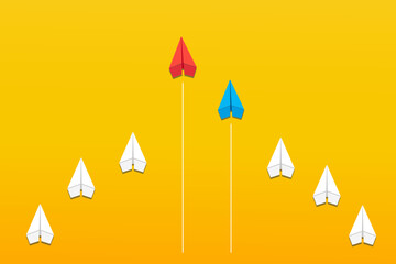 Business concept for new ideas creativity, innovative solution and Leadership concept with red and blue paper plane leading among white on yellow background. Vector illustration.