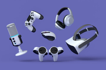 Flying gamer gears like mouse, keyboard, joystick, headset, VR, microphone