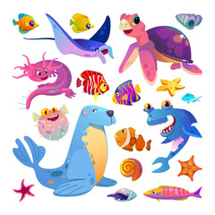 Sea cartoon inhabitants set. Exotic sea animals and fish. Illustrations for children.