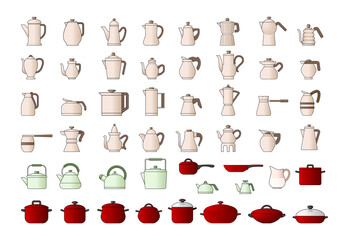 Collection of teapots, coffee pots and other utensils. Icons in flat style.