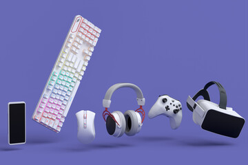 Flying gamer gears like mouse, keyboard, joystick, headset, VR