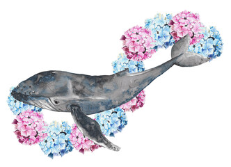 Whale on pink and blue hydrangeas