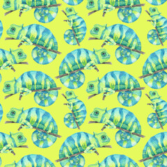 Green chameleon pattern on yellow