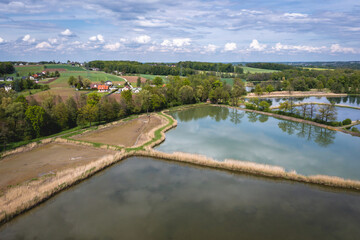 Fototapeta na wymiar Drone photo of fishing ponds in Miedzyrzecze Gorne, small village in Silesia region of Poland