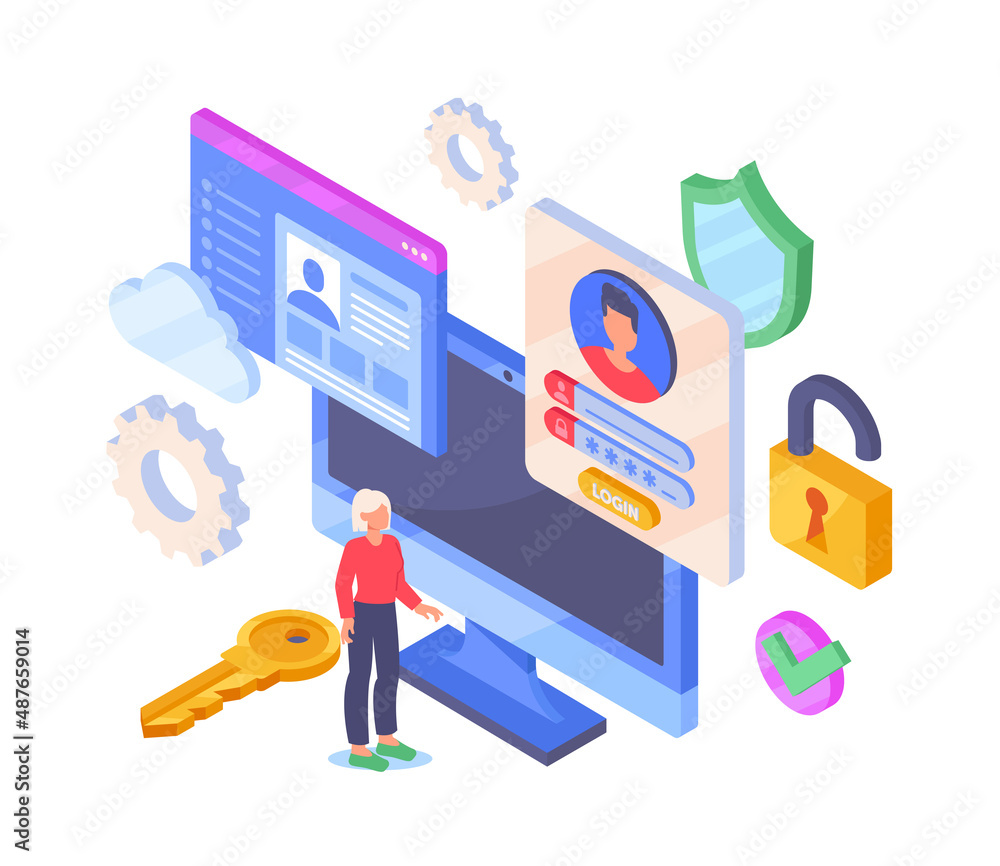 Poster login security concept. girl stands in front of large computer screen. authorization and identificat