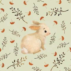 amazing stylish hand drawn seamless pattern. Forest colorful and cute soft bunny with golden branches and berries on light green  background