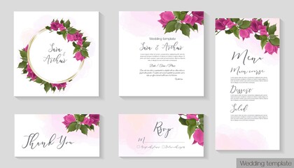 Tropical vector template for wedding invitation. Pink bougainvillea, golden frame, pink watercolor background. The set consists of an invitation card, thank you, rsvp, menu.
