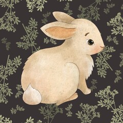 Cute hand drawn white bunny rabbit on nice stylish botanical background with green leaves