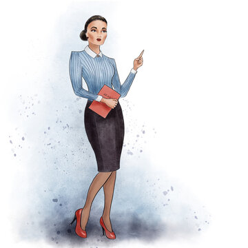 Watercolor ink sketch enneagram type character Improver. Business boss woman stands in the office