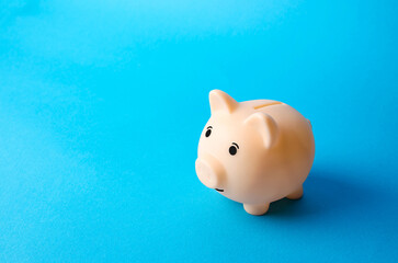 Piggy bank on a blue background. Economy. Pension fund. Deposit banking. Earn more money and save...