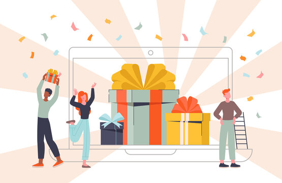 Online reward concept. People rejoice next to gift boxes. Winners, special offer for regular customers. Holidays discounts, marketing. Advertising poster or banner. Cartoon flat vector illustration