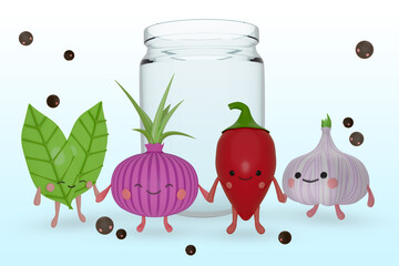 Cute vegetables front a glass jar in cartoon style. 3d render illustration.