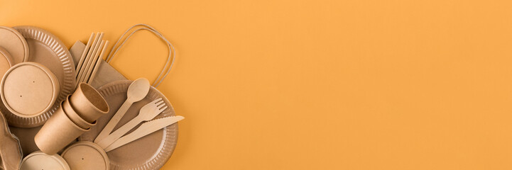 Banner. Eco-friendly tableware set - kraft paper food utensils, paper containers and cups, drinking...