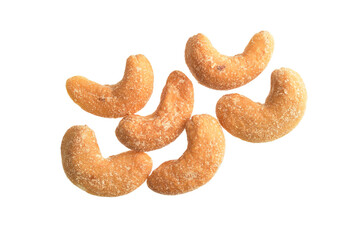 crunchy roasted cashew nuts on white background