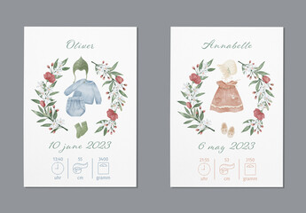Baby Birth Announcement Cards Set with Watercolor Illustrations
