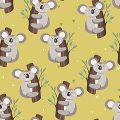 Seamless pattern with cute koala baby on color background. Funny australian animals. Card, postcards for kids. Flat vector illustration for fabric, textile, wallpaper, poster, paper