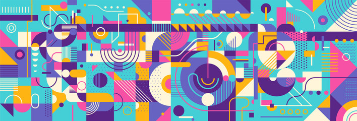 Abstract decorative background design with various colorful geometric shapes. Vector illustration.