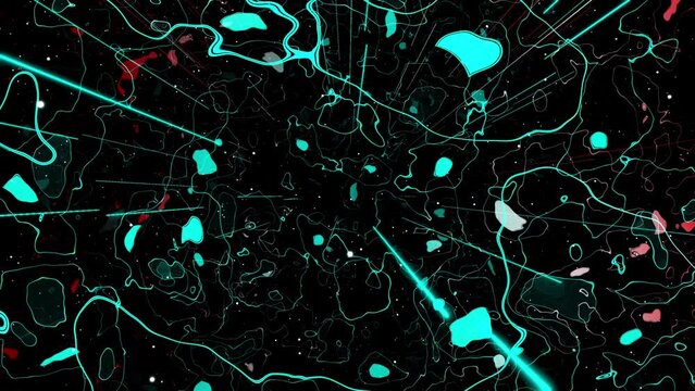 Multicolor motion design vj loop as abstract modern Art. Motion graphic, camera fly and rotate in art space, multilayer structure pattern, glow particles and lines. Ornamental texture. Motion design