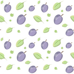 Seamless pattern with plums and leaves on white background. Elements for your textile, packaging design. Series of healthy food and drink and ingredients for cooking. Vector illustration