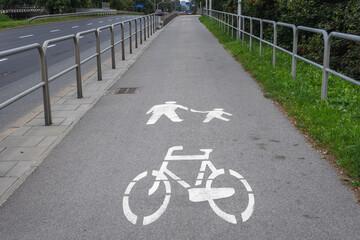 Shared pedestrian and bicycle path in Warsaw city, Poland