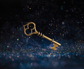 Single golden skeleton key surrounded by sparkling lights. Business concepts of unlocking...