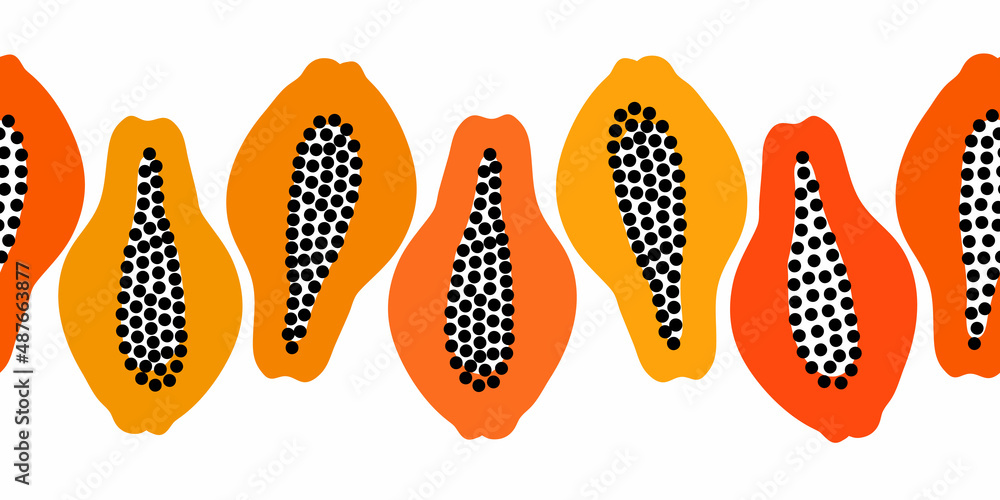 Poster vector seamless pattern with fruits. colorful hand drawn minimalistic repeatable border. papaya halv