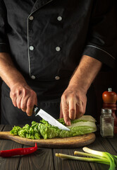 The chef cuts Peking cabbage with a knife. Cooking vegetable salad in a restaurant kitchen