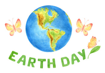 Earth Day concept for banner, poster or greeting card. World Environment Day. Saving planet. Hand drawn watercolor painting isolate on white background