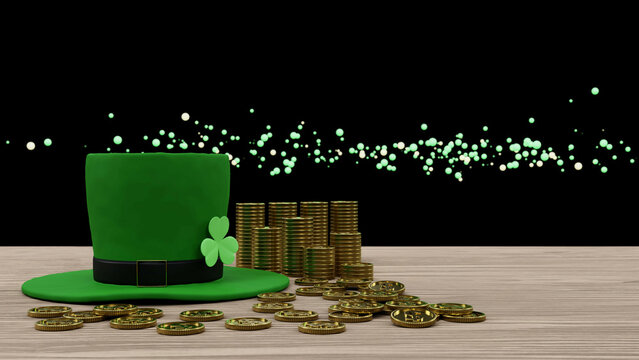 Happy Saint Patrick's Day with leprechaun hat and golden coin and bokeh 3D rendering illustration