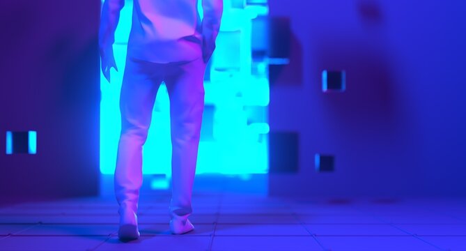 Metaverse digital cyber world technology, man with virtual reality VR goggle playing AR augmented reality game and entertainment, NFT game futuristic lifestyle	
