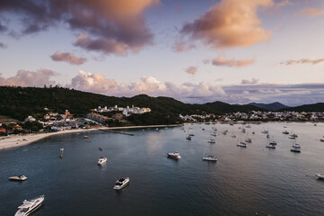 Bay with boats at sunset.