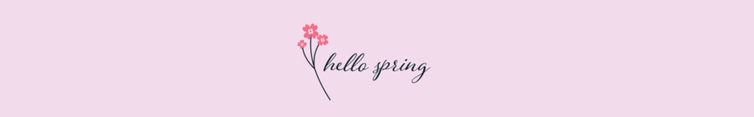 Hello Spring handwritten text with pink flower. Spring concept on light pink background. Flat and minimal design. Vector illustration.