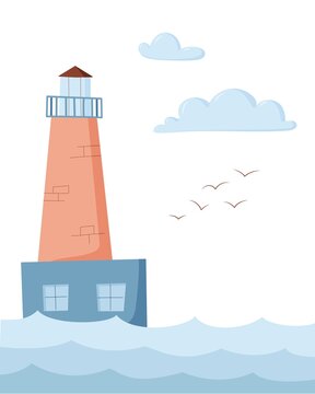 The illustration is marine, washed on the sea with clouds and birds. Vector illustration cartoon style