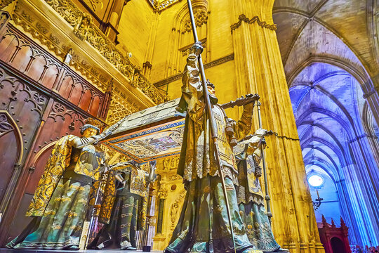 Four Spanish Kingdoms' sculptures, holding Tomb of Christopher Columbus, Seville Cathedral, on Sept 29 in Seville, Spain