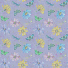 Abstract botanical background of flowers, butterflies and dragonflies. Seamless ornament for wrapping paper, design, print. Delicate flowers painted in watercolors, digitally processed.